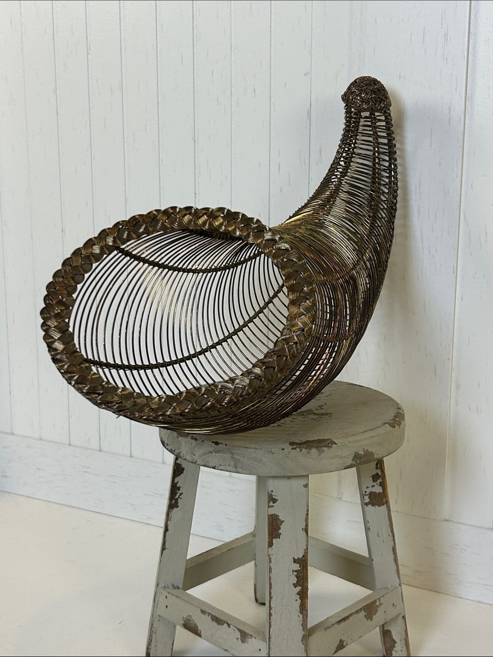 Woven Wire Cornucopia Brass Tone Thanksgiving Decor